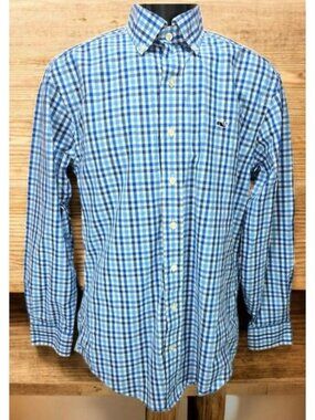Vineyard Vines Mens Blue Gingham Check Whale Shirt Small